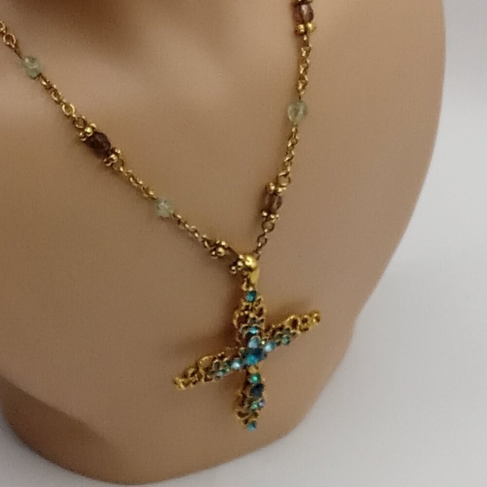 Blue Crystal Embellished CROSS Gold Tone Pendant Beaded Necklace - Picture 5 of 9